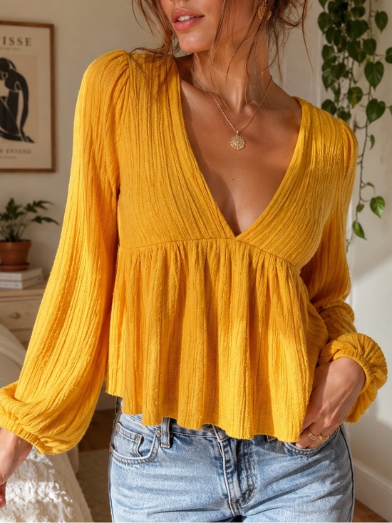 Urban Outfitters Sweaters - Urban Outfitters Mustard Babydoll Knit Top Balloon Sleeve Boho XS